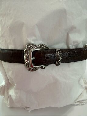 Brighton Dark Brown Croc-Embossed Leather Belt with Ornate Silver Buckle